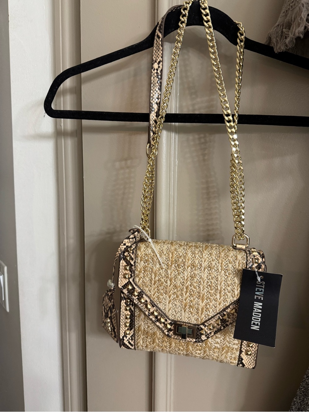 Steve Madden Straw Crossbody with Snake-Print Trim and Gold Chain